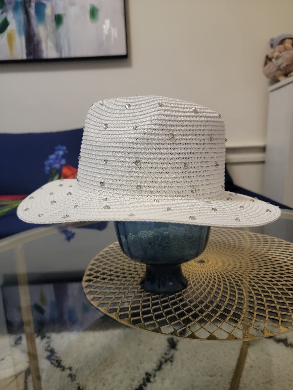 White Crystal-Embellished Straw Fedora Hat - Women